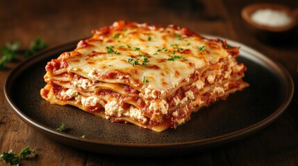 A Delicious Homemade Lasagna Dish Served on a Rustic Brown Plate