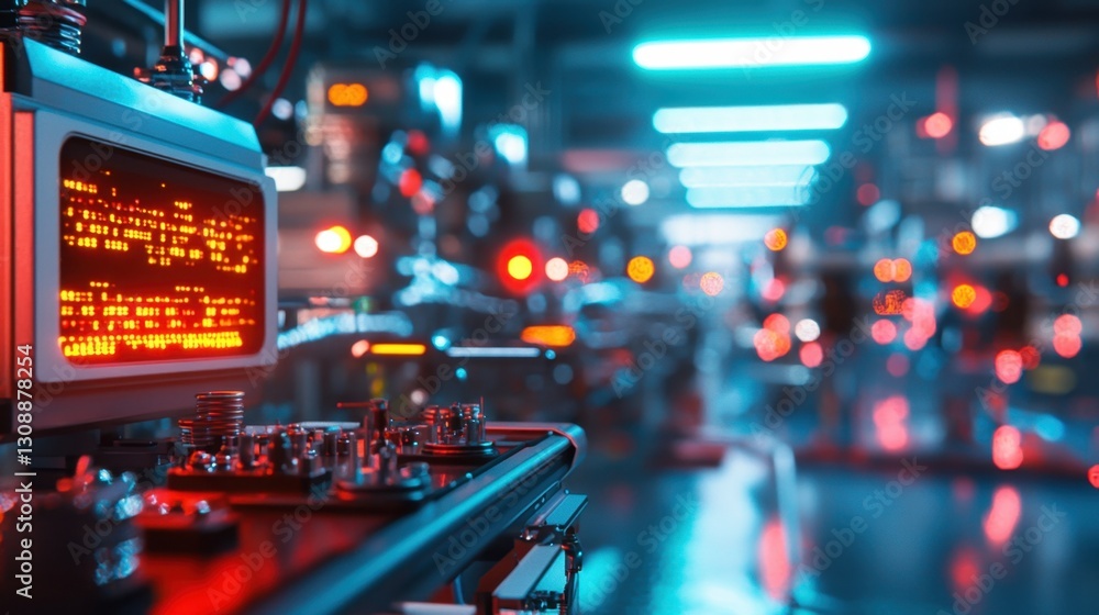 Poster high-tech manufacturing facility featuring automated machinery with glowing displays and red lights 