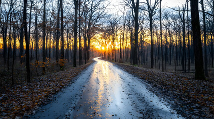 Sunlit Road Through Forest With Trees At Sunset Creating Atmospheric Landscape