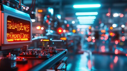 High-tech manufacturing facility featuring automated machinery with glowing displays and red lights indicating operational processes in a dynamic work environment