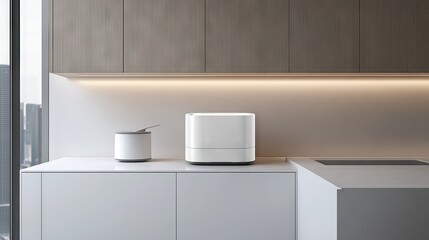Minimalist pastel kitchen featuring a sleek white bread machine placed on the counter.