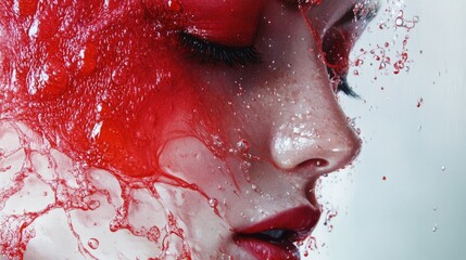 A close-up shot of a woman's face with vibrant red paint applied