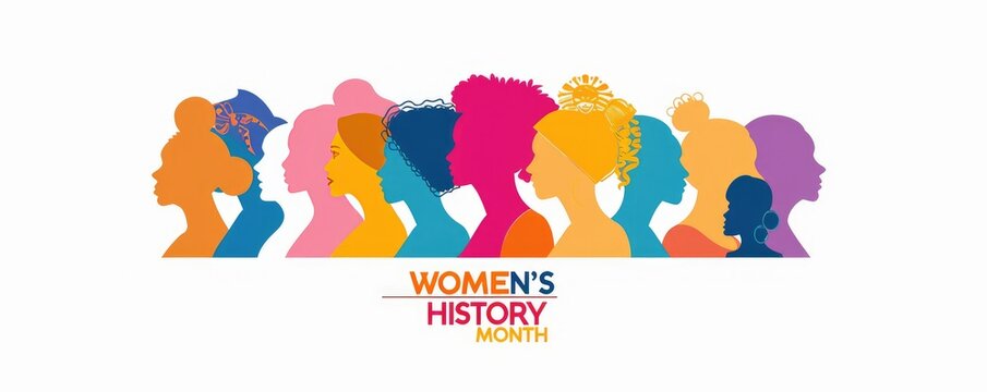Colorful silhouettes of women's heads celebrating Women's History Month with bold typography on a white background. - Powered by Adobe