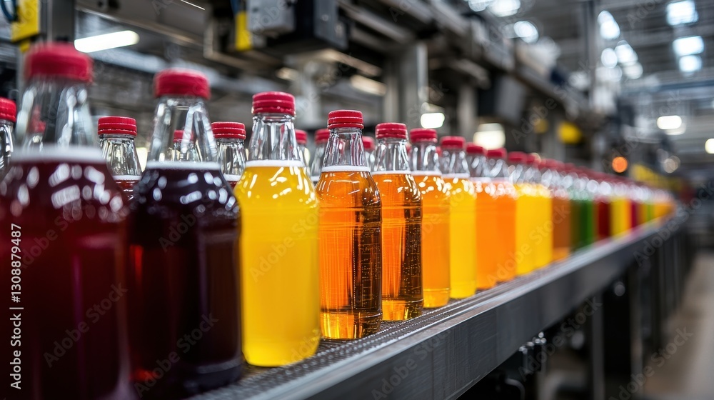Poster vibrant bottles of juice and soda on a production line in a modern factory setting with bright light