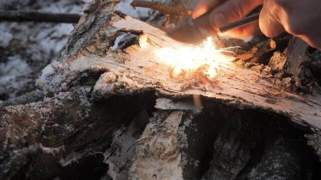 Starting a Fire with a Ferro Rod in Winter, Close-up of hands using a ferro rod to ignite birch bark tinder in a snowy outdoor setting. The scene reflects survival, bushcraft skills.