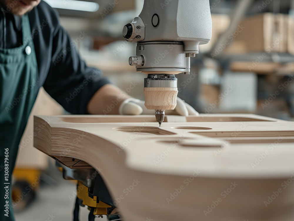 Poster robotic arm precisely carving wooden frame in workshop setting