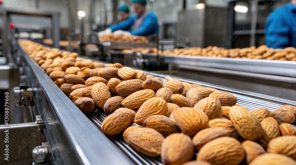 Leinwandbilder almonds on production line in modern factory setting with workers processing natural nuts for packag