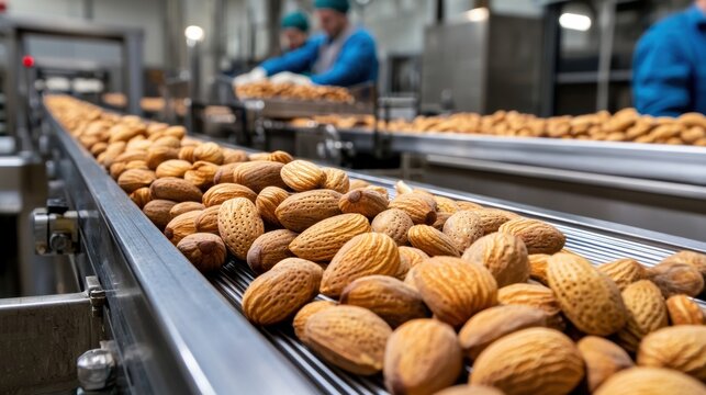 Almonds on Production Line in Modern Factory Setting with Workers Processing Natural Nuts for Packaging and Distribution in Industrial Environment