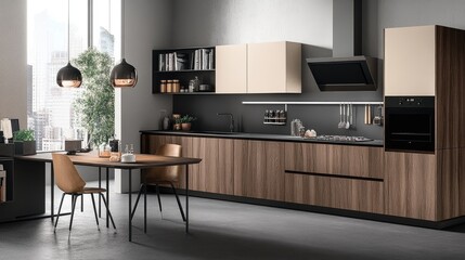 Open-concept minimalist kitchen seamlessly blending with a small dining area, featuring sleek finishes and warm wood accents.