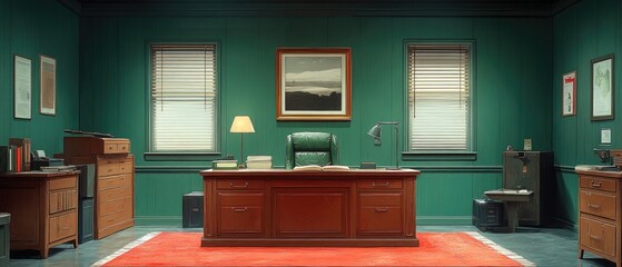 A quiet office space with a desk and chair, suitable for various business uses
