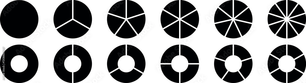 Poster circle divides on 1 to 9 equal parts. infographic element round shape, circle semicircle quarter sha