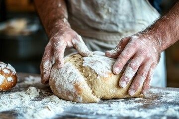 Fototapeta premium Bakers hands work diligently on dough for artisan bread, capturing the beauty of the baking process