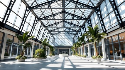 Modern glass atrium with spacious design and abundant natural light.   