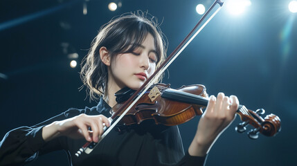 Fototapeta premium young woman passionately plays violin on stage under bright lights