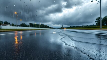 A reflective, wet road under a moody sky captures the essence of a tranquil rainstorm, evoking feelings of solitude and melancholy in the landscape.  