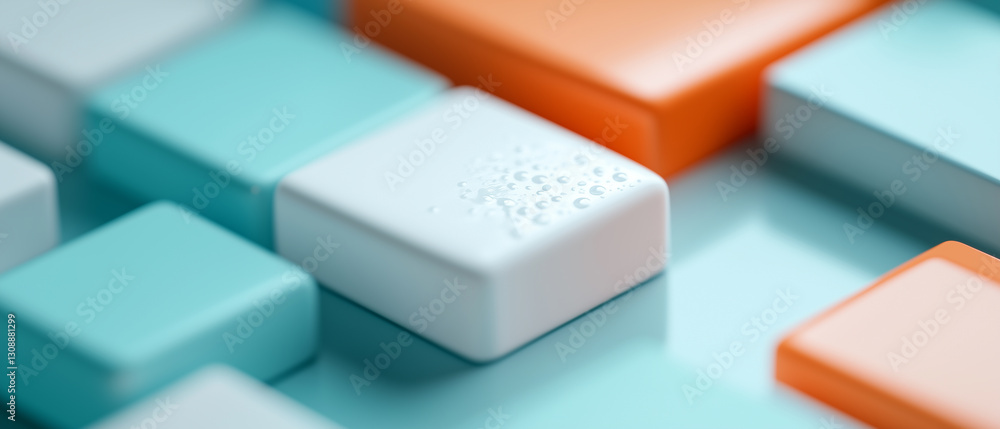 Poster Abstract composition of colorful blocks with water droplets on white block