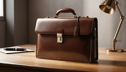 Classic Leather Briefcase on a Wood Table Alongside Pen and Lamp