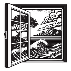 Fototapeta premium Breathtaking Window Ocean and Mountain Landscape Vector Art for Artistic Creation
