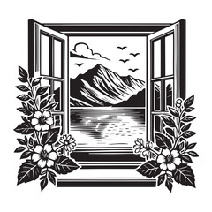 Fototapeta premium Majestic Window Ocean and Mountain Scene Vector Illustration for Creative Work 