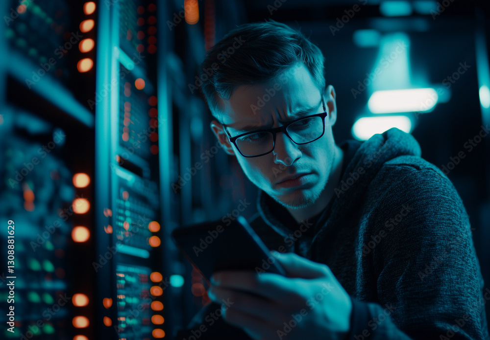 Poster focused male programmer in dimly lit server room checks his smartphone
