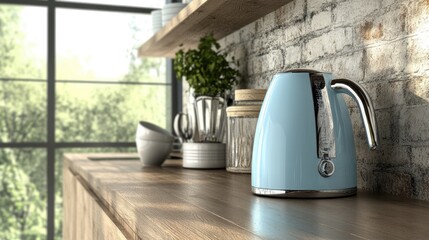 Space-efficient kitchen with a sleek pastel blue kettle displayed on an open wooden shelf.