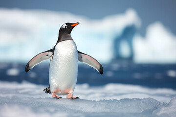 Obraz premium Penguin standing on icy terrain with snowy backdrop, wings outstretched