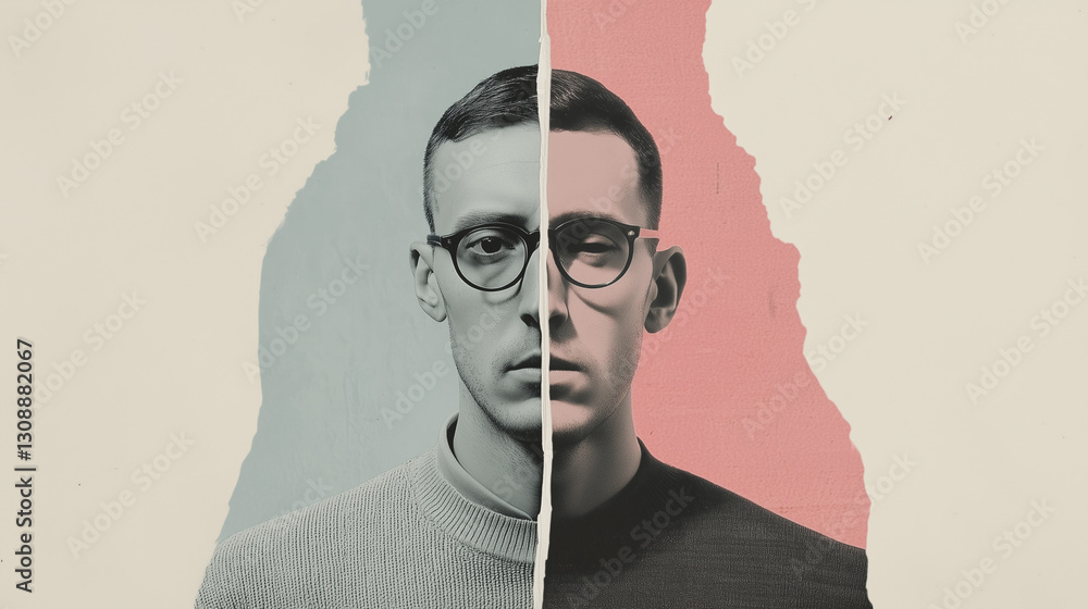 Poster collage style image of man face split vertically, showing contrasting expressions