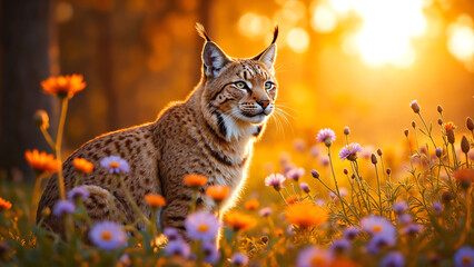 Obraz premium Lynx Observing in Sunset Among Vibrant Flowers in Autumnal Nature Scene