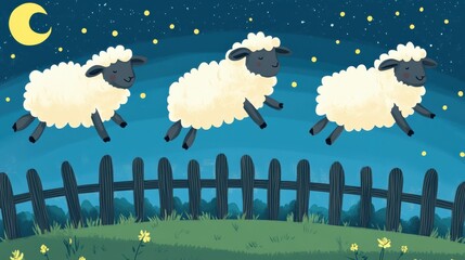 Counting Sheep. Illustration of Cute Sheep Jumping Through a Fence on a Calm Night