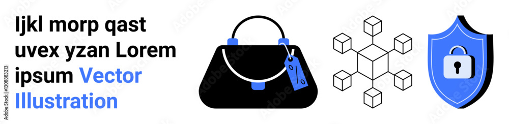 Aufkleber black handbag with tags, geometric blockchain network design, and shield with a lock representing se