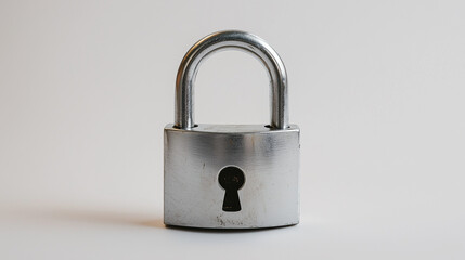 Naklejka premium A locked silver padlock isolated on a plain white surface. 