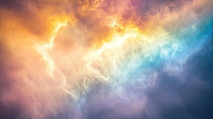 Fototapeta na wymiar Celestial-inspired abstract background with iridescent rainbow glitter and a soft sky gradient resembling ethereal light.