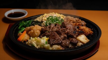 A plate of food with meat and vegetables in a pan
