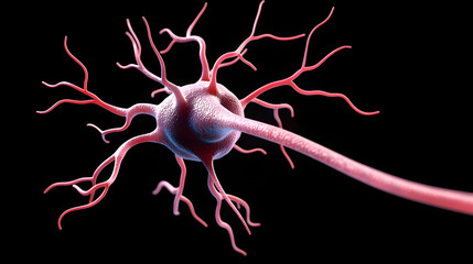 Detailed Microscopic 3D Render of a Red Neuron Cell Structure on Black Background