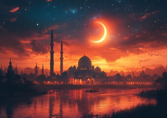 Fototapeta premium Mosque Silhouette at Sunset with Crescent Moon Reflection