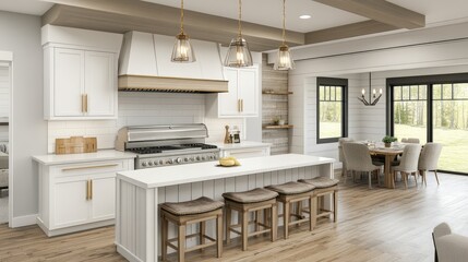 Warm-toned kitchen with a white electric grill complementing the neutral aesthetics.