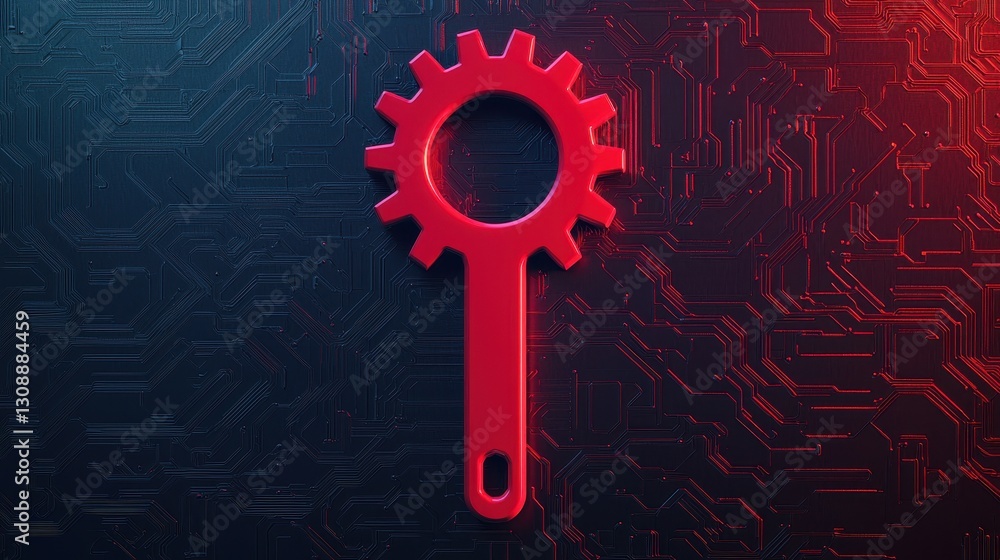 Aufkleber red gear tool design on a digital circuit background representing technology and innovation