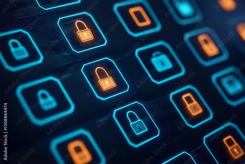 Poster digital collaboration security with remote concept. digital lock icons with glowing effects on a dar