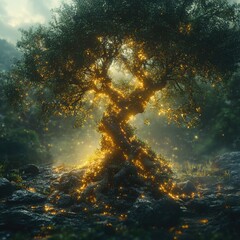 A solitary tree stands tall in the midst of a lush green field, surrounded by nature's beauty