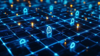 3D rendering of a digital security background with padlock icons on a blue glowing grid, a cyber web network