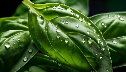 Obraz premium Ultra macro basil leaf: tiny water droplets, glossy texture. Fresh herb detail, glistening. Natural food close-up, vibrant green.