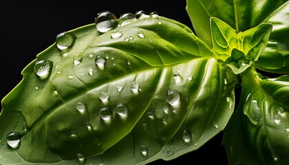 Fototapeta premium Ultra macro basil leaf: tiny water droplets, glossy texture. Fresh herb detail, glistening. Natural food close-up, vibrant green.