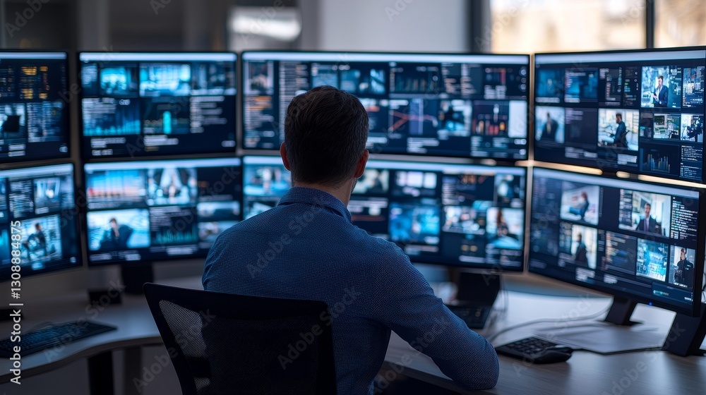 Poster digital collaboration coordination concept. a person monitors multiple screens in a high-tech contro