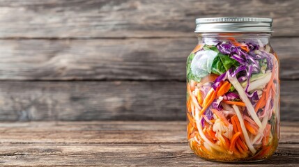 Zero waste lifestyle with DIY concept. A jar of colorful pickled vegetables on a rustic wooden background.