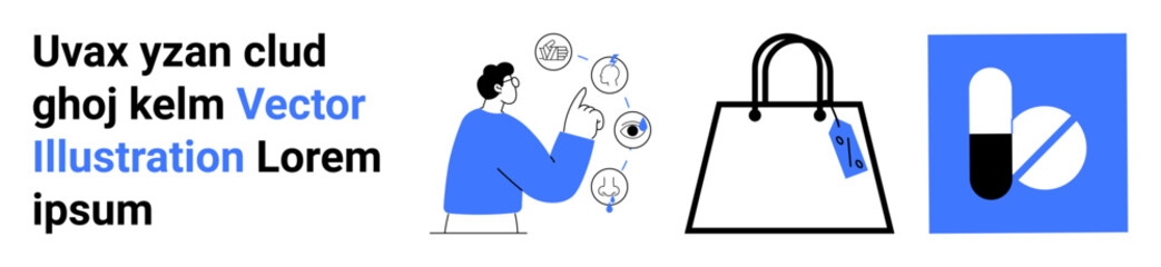 Person interacting with health-related icons, shopping bag, and pills. Ideal for healthcare, e-commerce, wellness, retail, personal care pharmacy and online shopping. Flat landing page banner