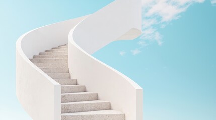 Growth mindset habits concept. A modern spiral staircase reaching towards a bright blue sky.