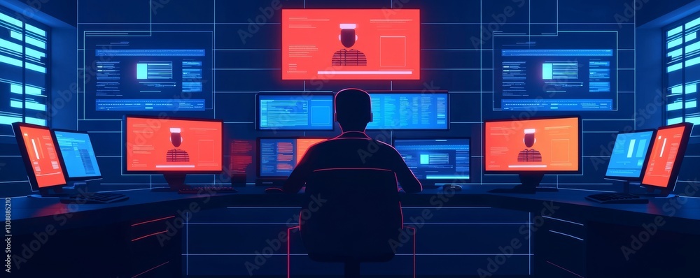 Poster virtual teams efficiency concept. a person monitors multiple screens in a high-tech cybersecurity en