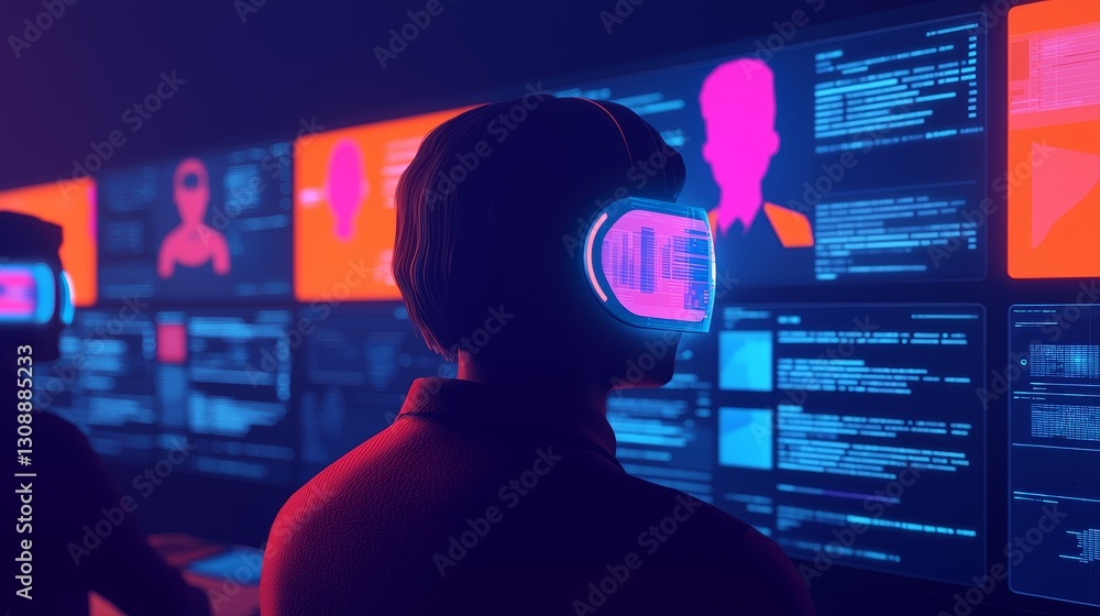 Poster virtual teams engagement concept. a person wearing a vr headset in a tech-focused environment with m