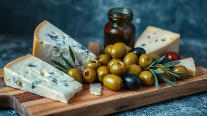 Delicious cheese platter featuring various cheeses, olives, and a glass jar, ideal for gourmet snacking and elegant entertaining.   