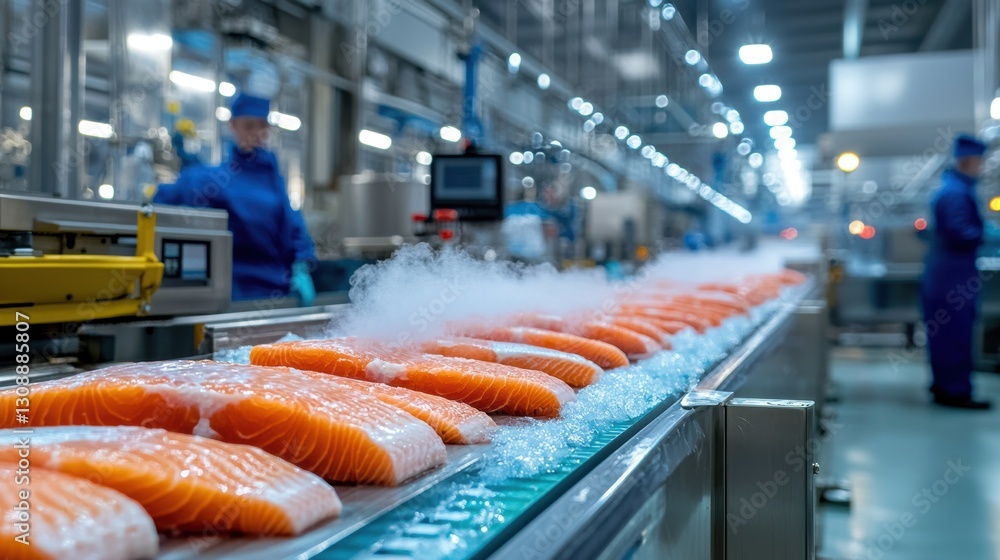 Aufkleber fresh salmon fillets on processing line in modern factory setting with efficient equipment and worke
